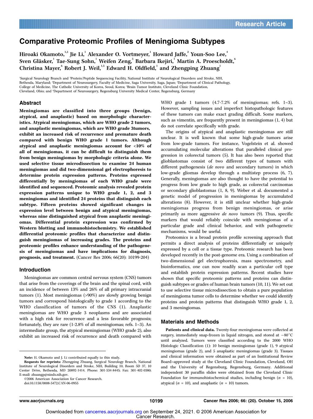 Comparative Proteomic Profiles of Meningioma Subtypes