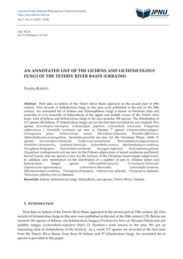 An Annotated List of the Lichens and Lichenicolous Fungi of the Teteriv River Basin (Ukraine)