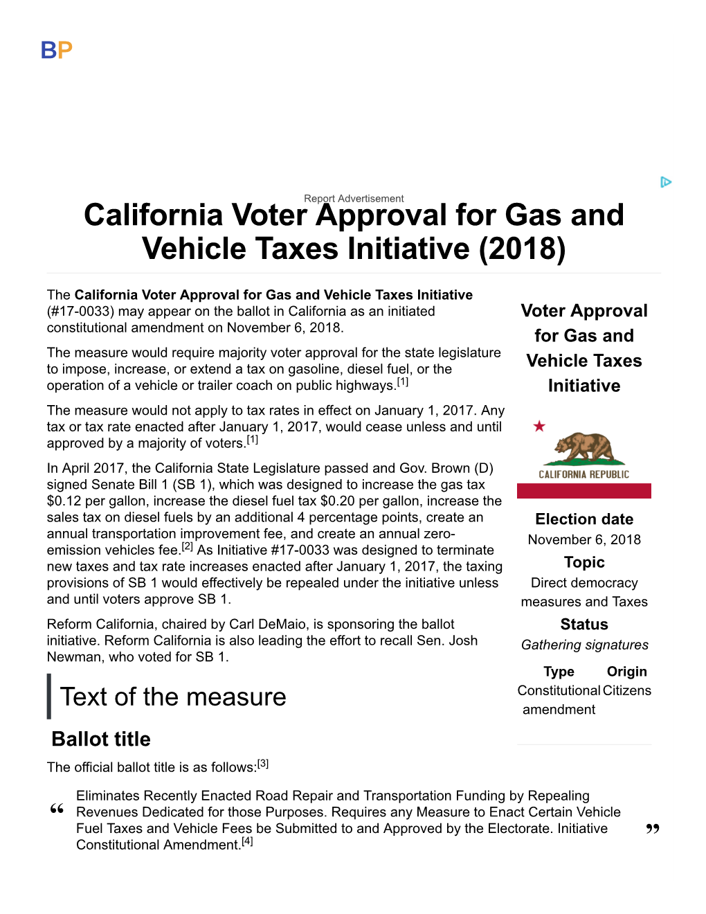 California Voter Approval for Gas and Vehicle Taxes Initiative (2018)