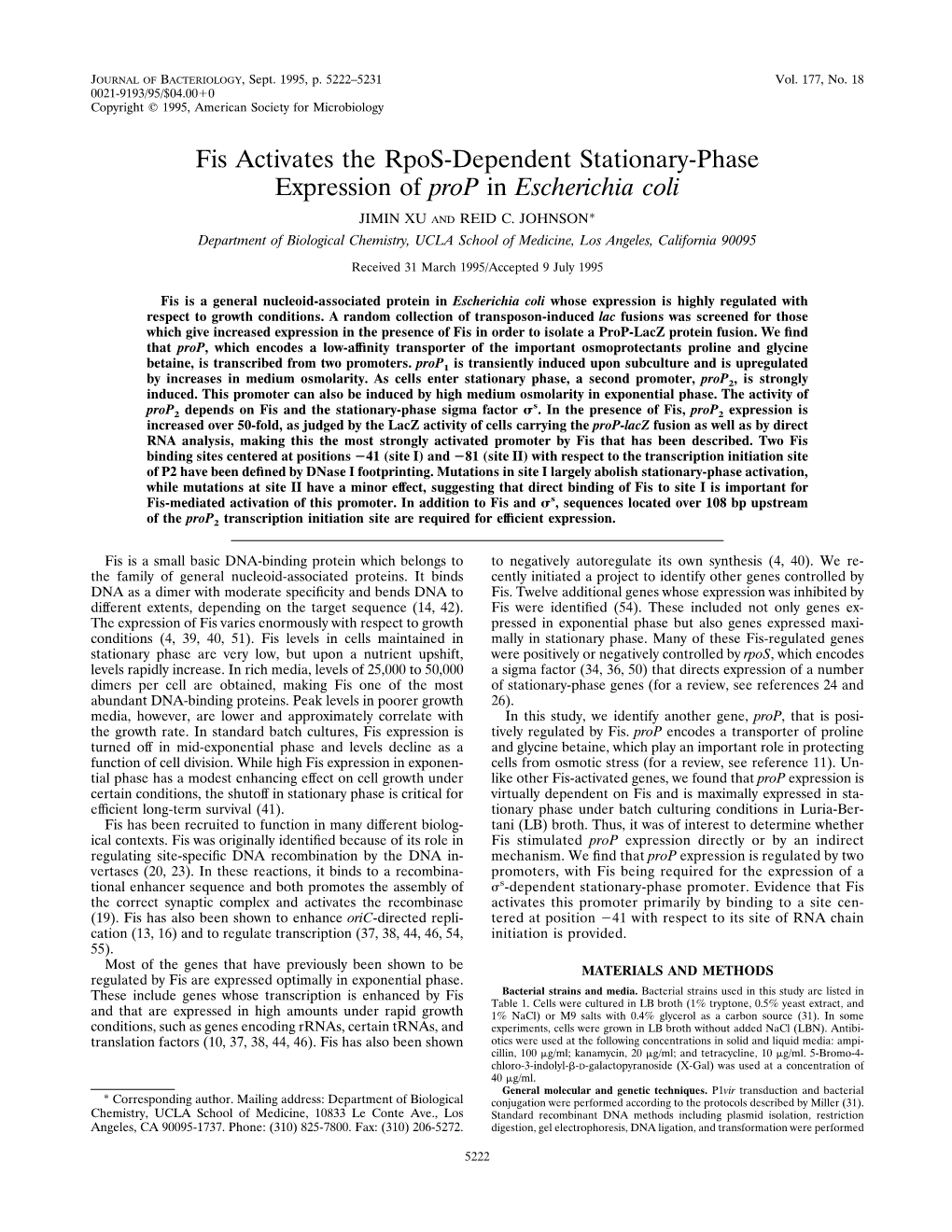 Fis Activates the Rpos-Dependent Stationary-Phase Expression of Prop in Escherichia Coli