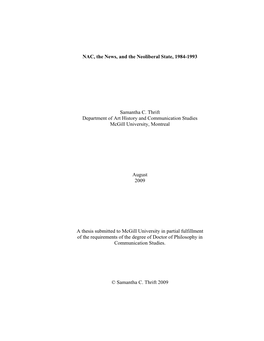 NAC, the News, and the Neoliberal State, 1984-1993 Samantha C