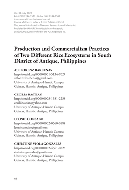 Production and Commercialism Practices of Two Different Rice Ecosystems in South District of Antique, Philippines