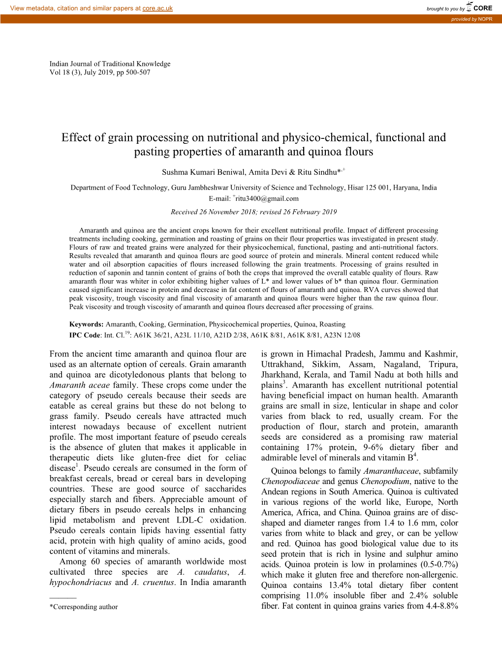 Effect of Grain Processing on Nutritional and Physico-Chemical, Functional and Pasting Properties of Amaranth and Quinoa Flours