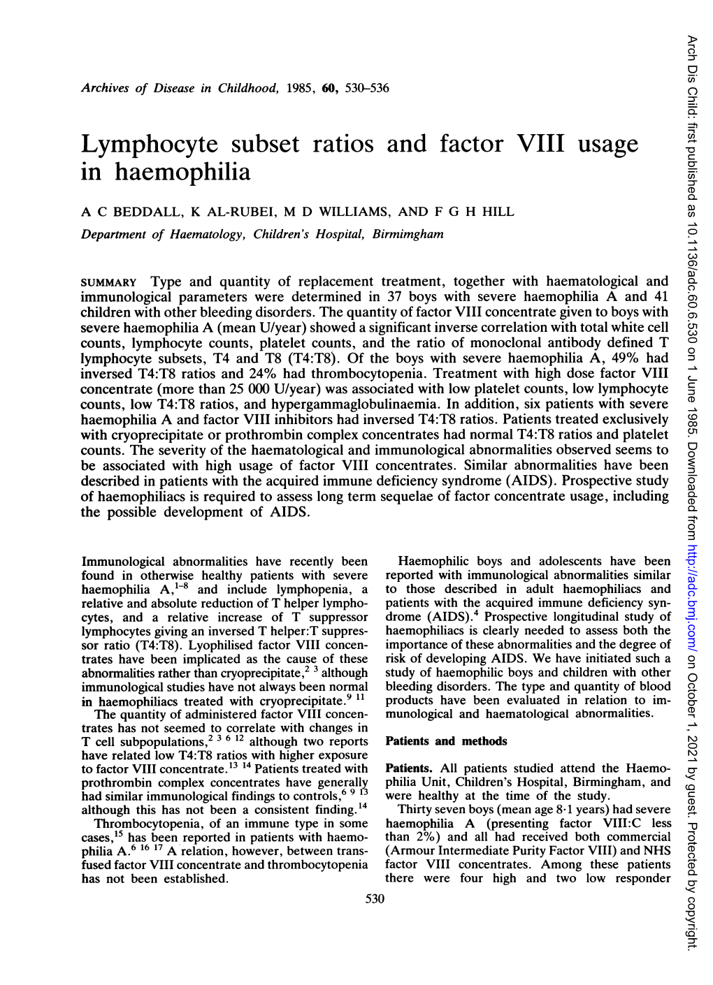 Lymphocyte Subset Ratios and Factor VIII Usage in Haemophilia