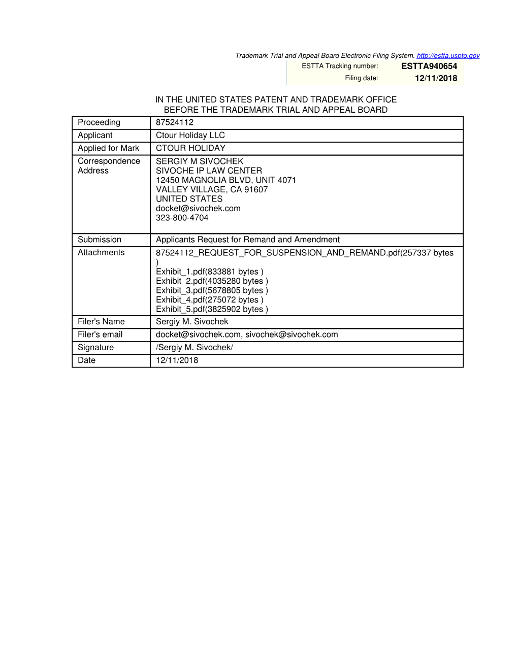 Estta940654 12/11/2018 in the United States Patent And