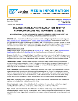 San Jose Sharks, Sap Center at San Jose to Offer New Food Concepts and Menu Items in 2019-20