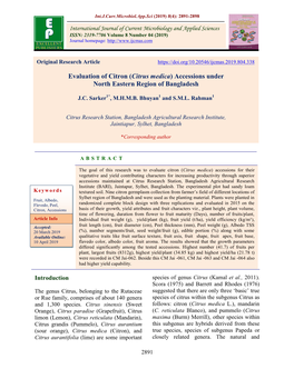 Evaluation of Citron (Citrus Medica) Accessions Under North Eastern Region of Bangladesh