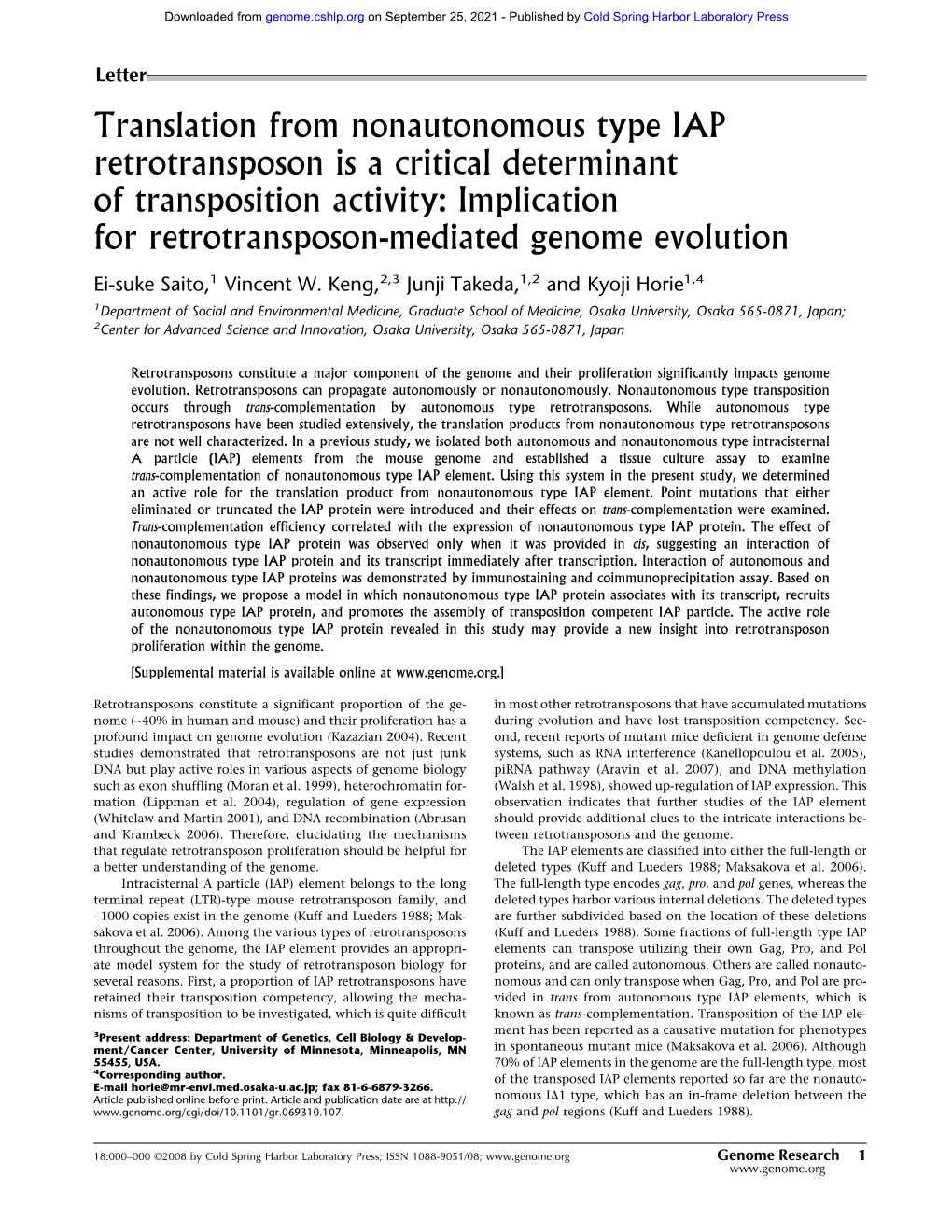 Translation from Nonautonomous Type IAP Retrotransposon Is a Critical Determinant of Transposition Activity: Implication for Retrotransposon-Mediated Genome Evolution