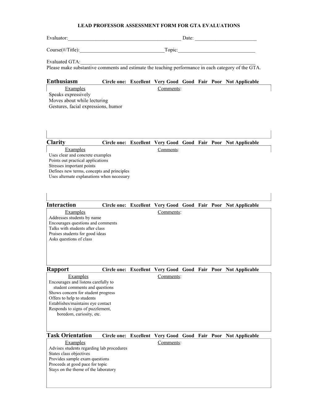 Gta Teaching Evaluation Form