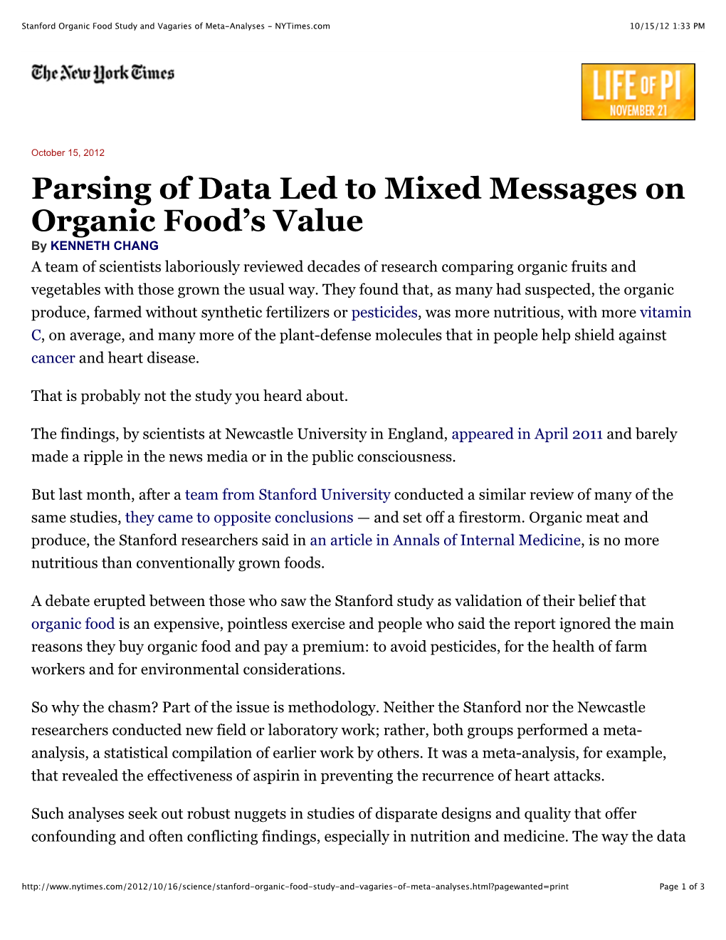 Parsing of Data Led to Mixed Messages on Organic Food's Value