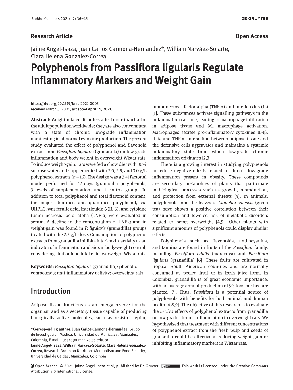 Polyphenols from Passiflora Ligularis Regulate Inflammatory Markers and Weight Gain