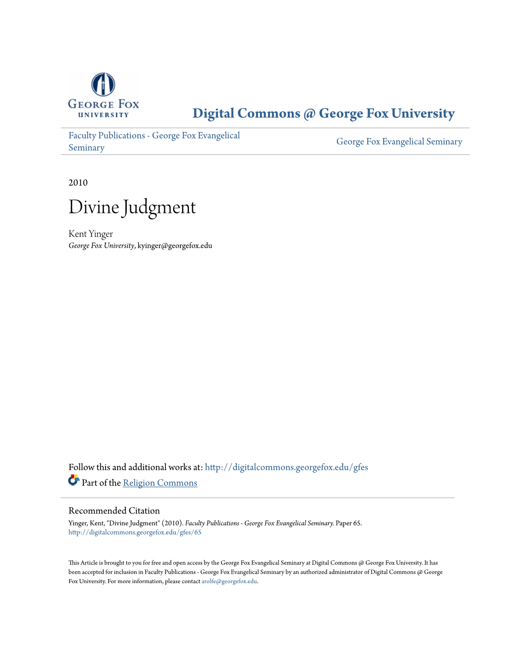 Divine Judgment Kent Yinger George Fox University, Kyinger@Georgefox.Edu