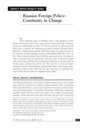 Russian Foreign Policy: Continuity in Change