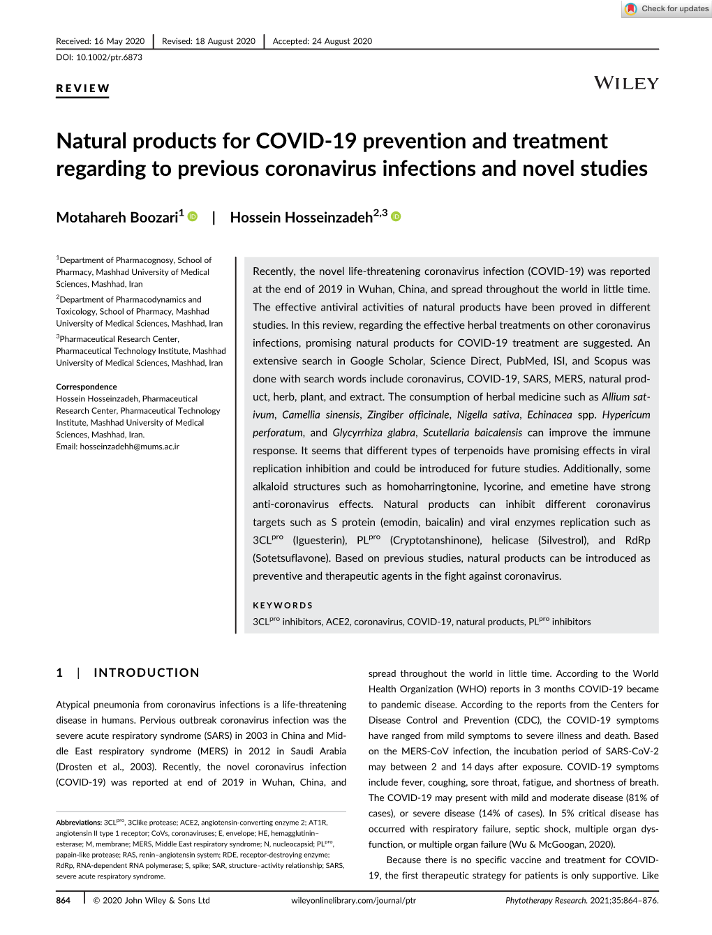 Natural Products for COVID‐19 Prevention and Treatment Regarding