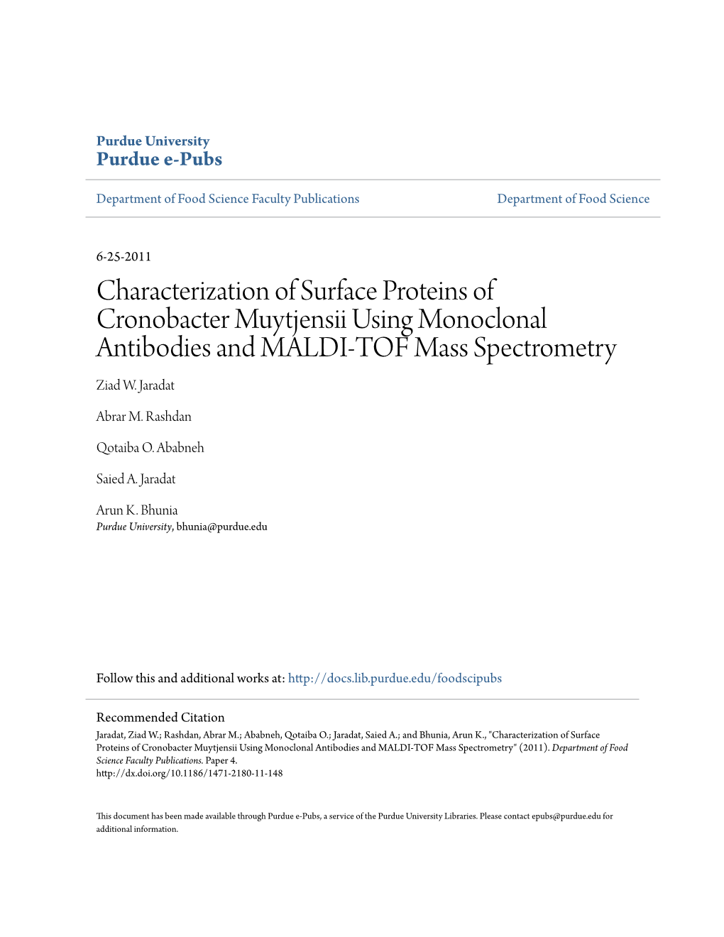 Characterization of Surface Proteins of Cronobacter Muytjensii Using Monoclonal Antibodies and MALDI-TOF Mass Spectrometry Ziad W