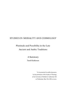 STUDIES in MODALITY and COSMOLOGY Plenitude and Possibility in the Late Ancient and Arabic Traditions