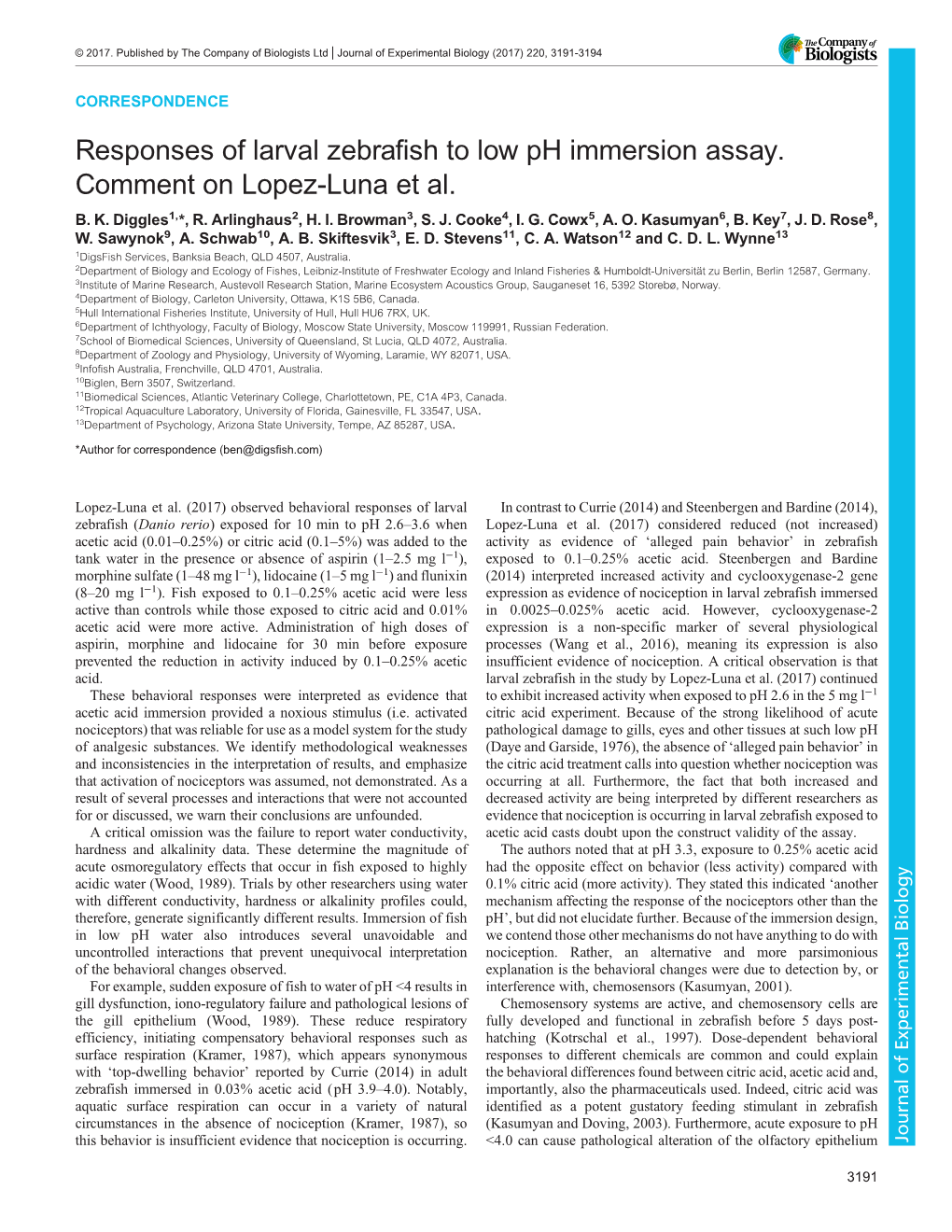 Responses of Larval Zebrafish to Low Ph Immersion Assay.€Comment On