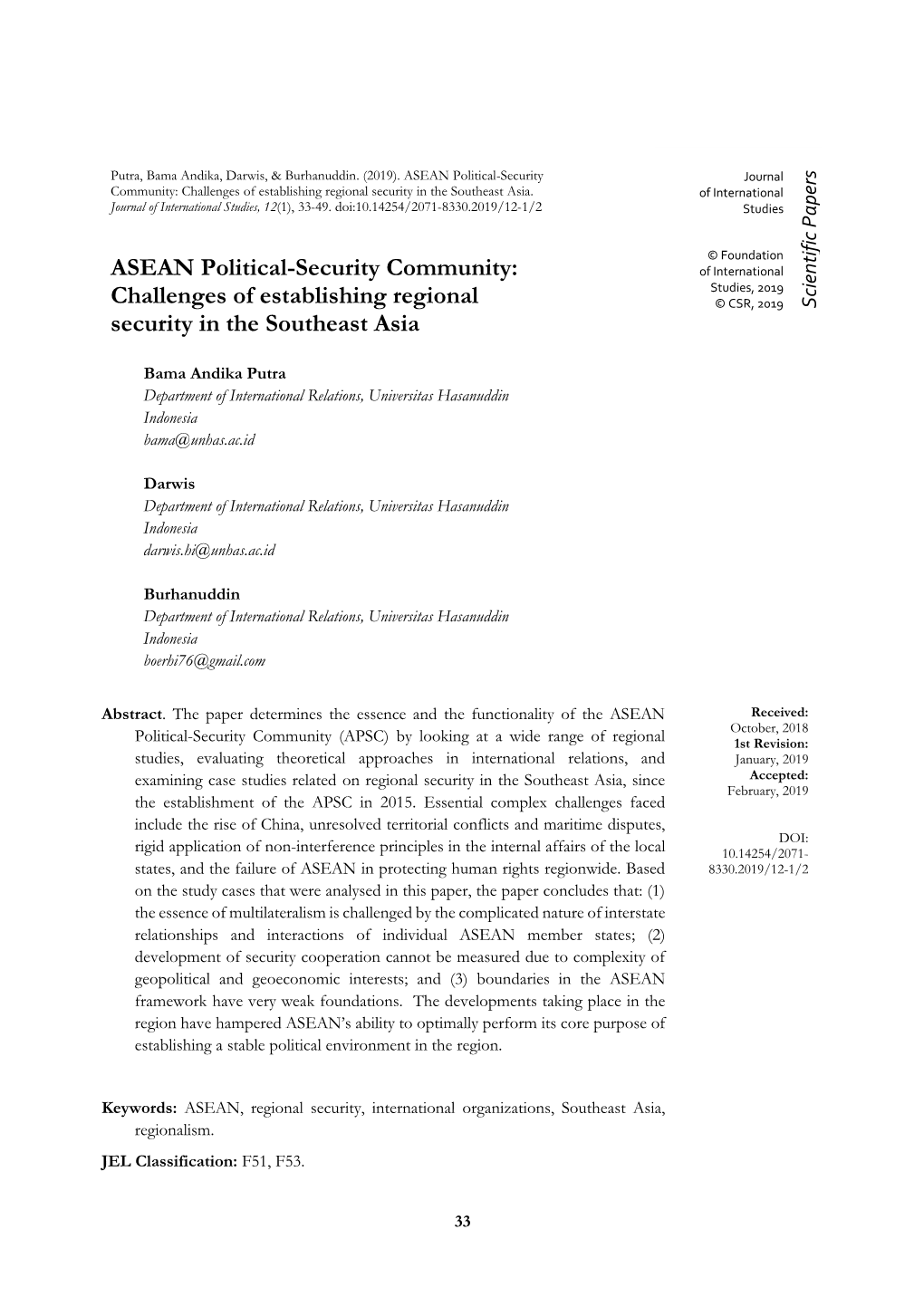 ASEAN Political-Security Community: of International Studies, 2019