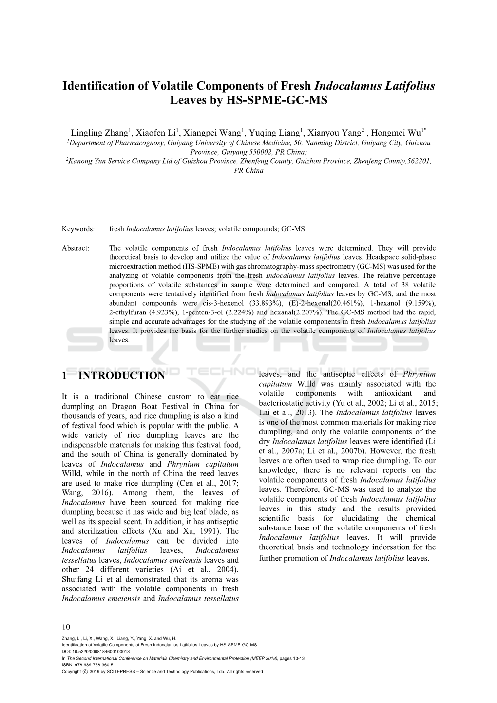 Identification of Volatile Components of Fresh Indocalamus Latifolius Leaves by HS-SPME-GC-MS