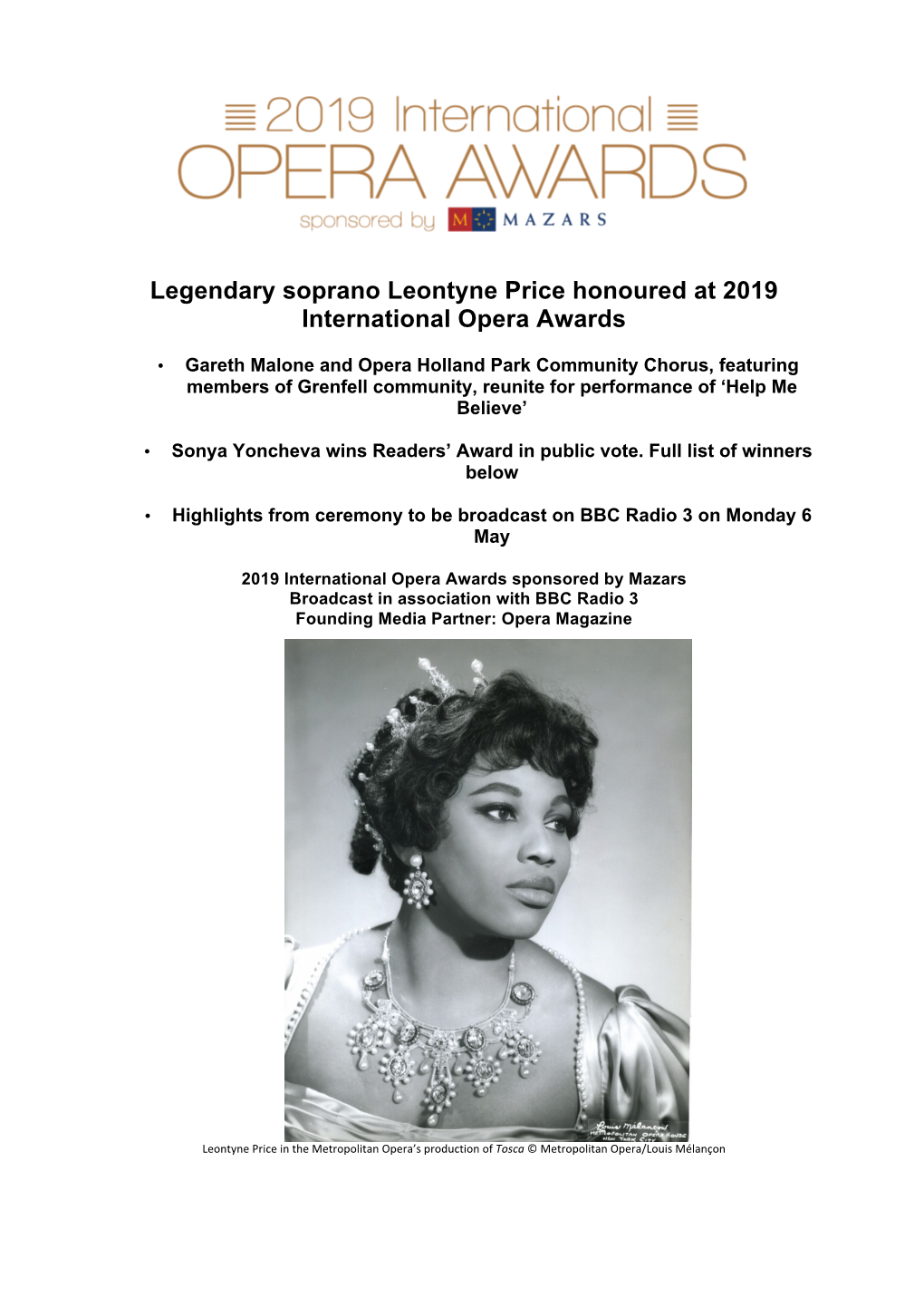 Legendary Soprano Leontyne Price Honoured at 2019 International Opera Awards