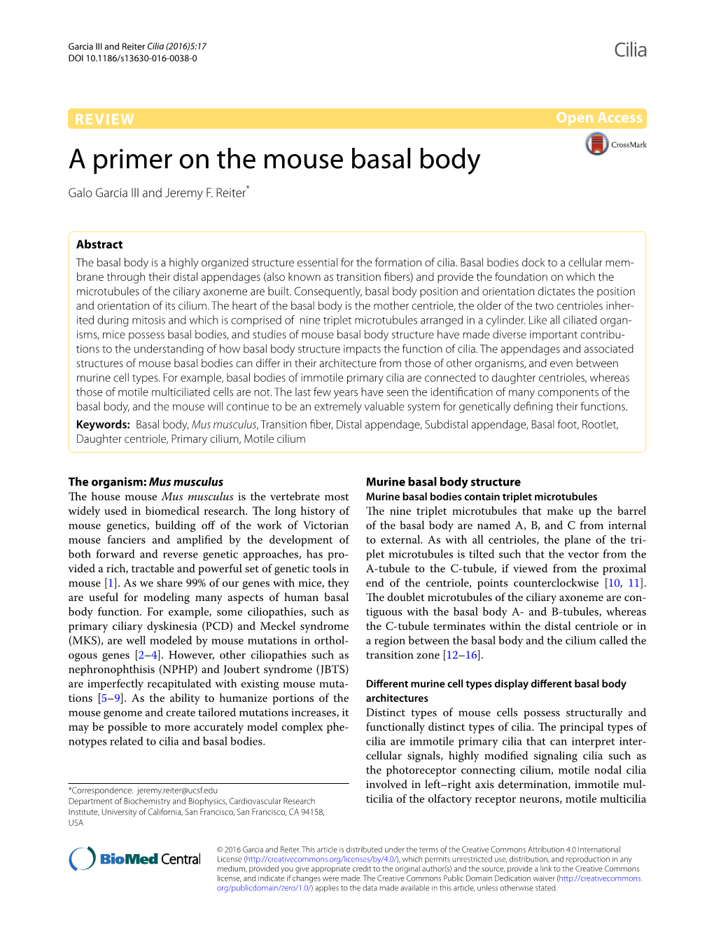 A Primer on the Mouse Basal Body Galo Garcia III and Jeremy F