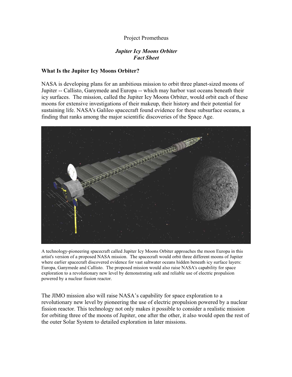 Project Prometheus Jupiter Icy Moons Orbiter Fact Sheet What Is The