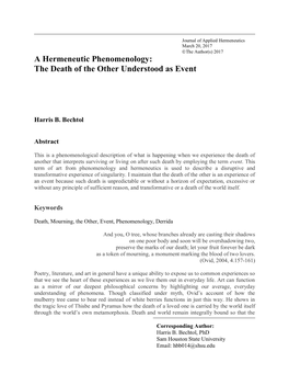 A Hermeneutic Phenomenology: the Death of the Other Understood As Event