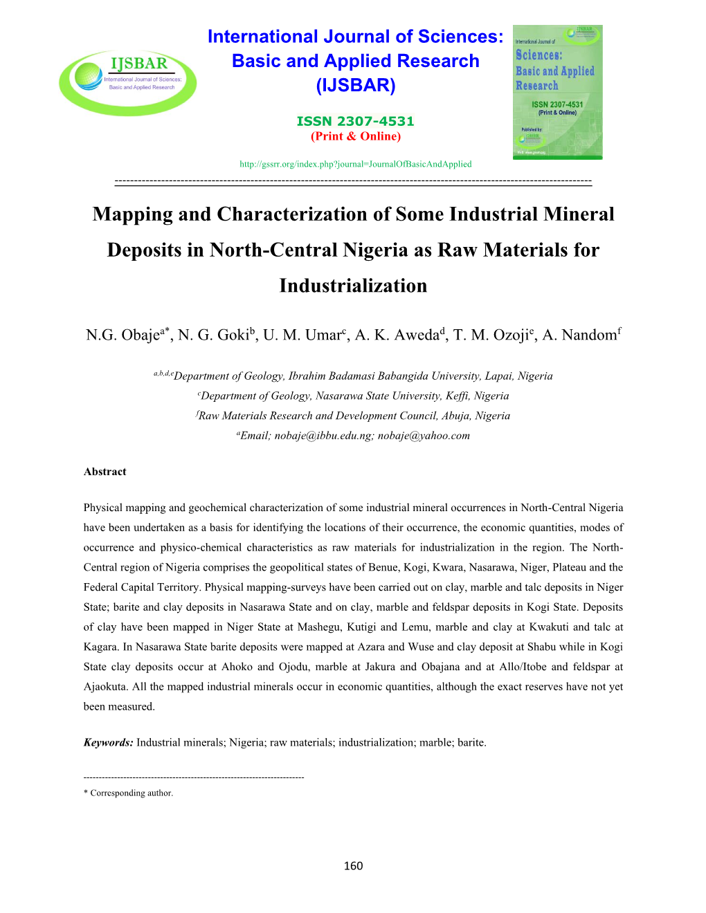 Mapping and Characterization of Some Industrial Mineral Deposits in North-Central Nigeria As Raw Materials for Industrialization