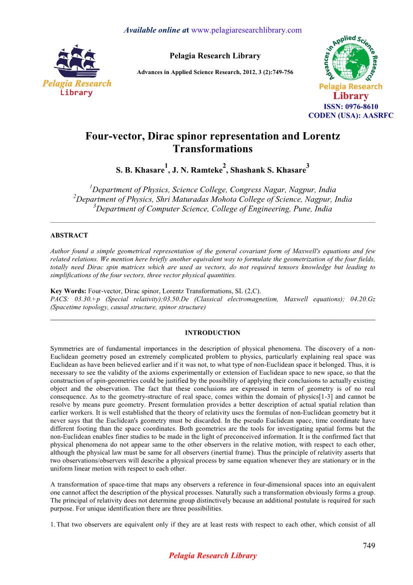 Four-Vector, Dirac Spinor Representation and Lorentz Transformations