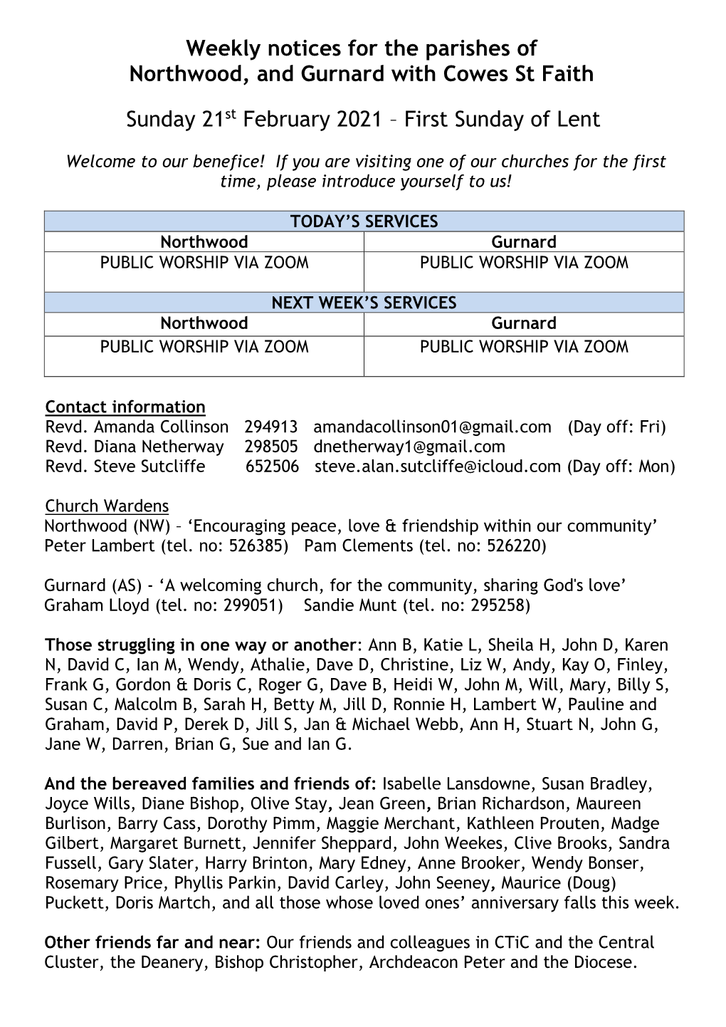 Weekly Notices for the Parishes of Northwood, Gurnard and Cowes St Faith's