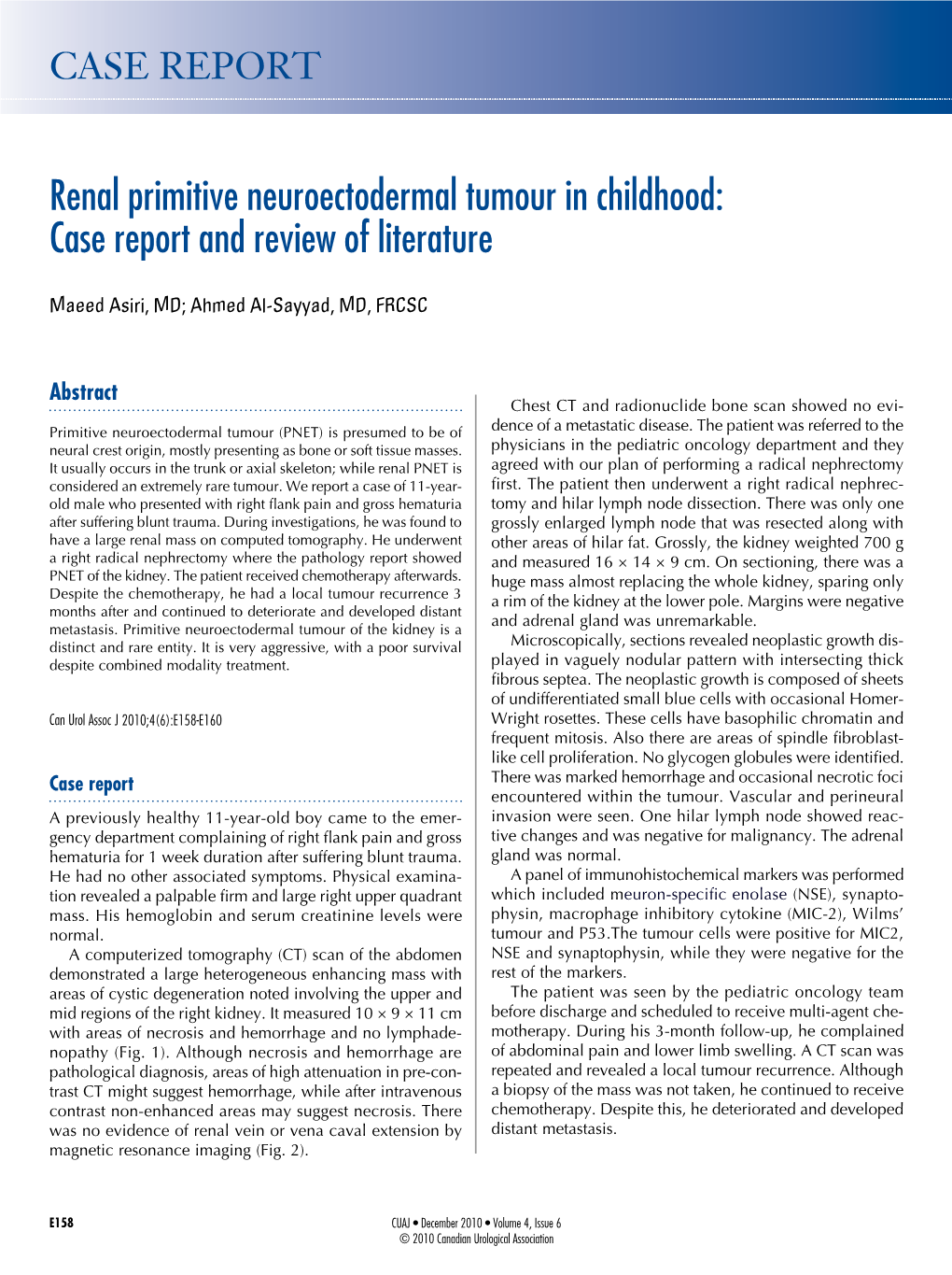 Renal Primitive Neuroectodermal Tumour in Childhood: Case Report and Review of Literature