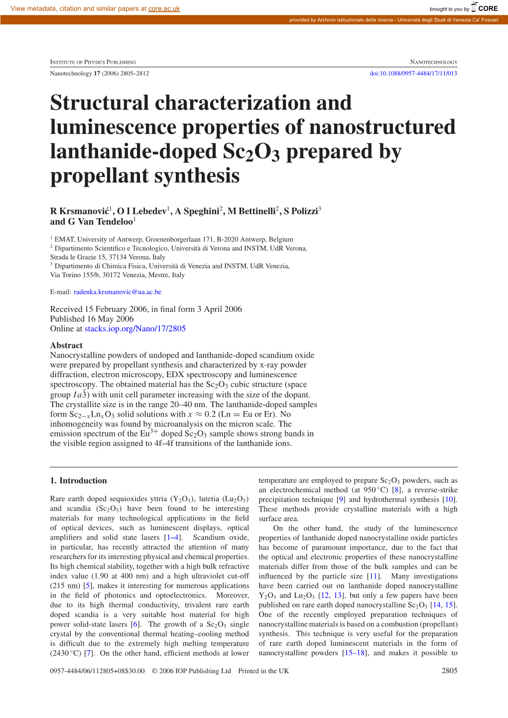 Structural Characterization and Luminescence Properties of Nanostructured Lanthanide-Doped Sc2o3 Prepared by Propellant Synthesis