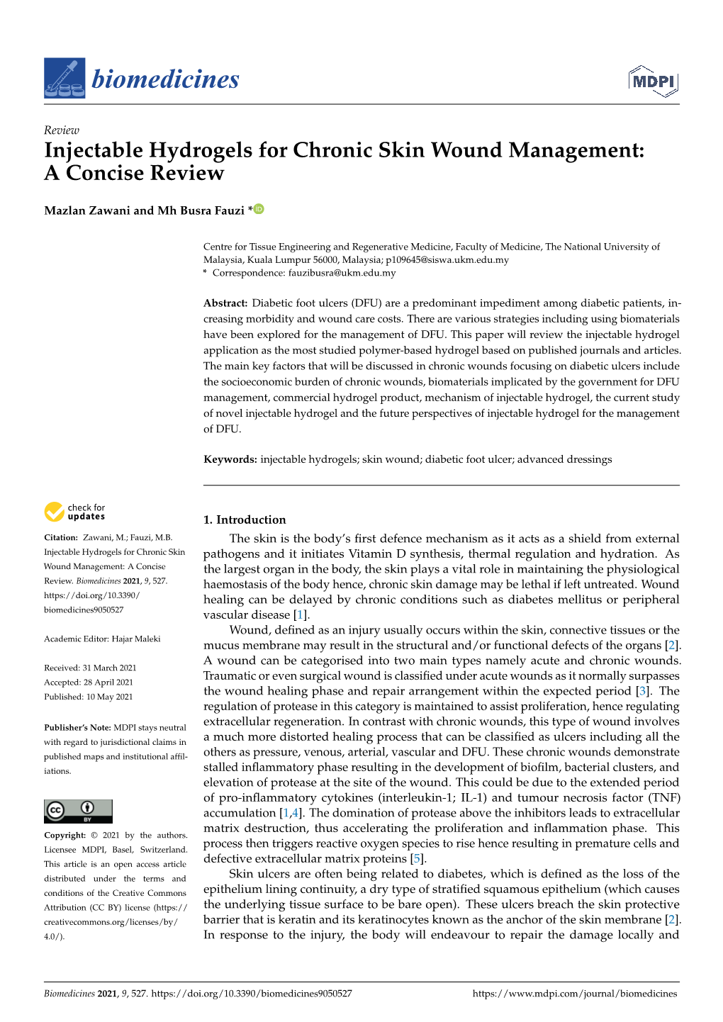 Injectable Hydrogels for Chronic Skin Wound Management: a Concise Review