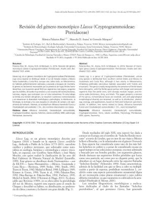 Revisión Del Género Monotípico Llavea (Cryptogrammoideae: Pteridaceae)