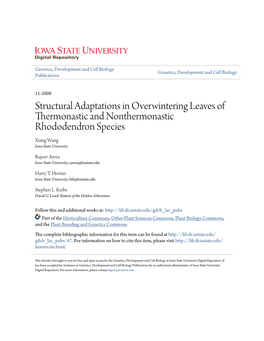 Structural Adaptations in Overwintering Leaves of Thermonastic and Nonthermonastic Rhododendron Species Xiang Wang Iowa State University