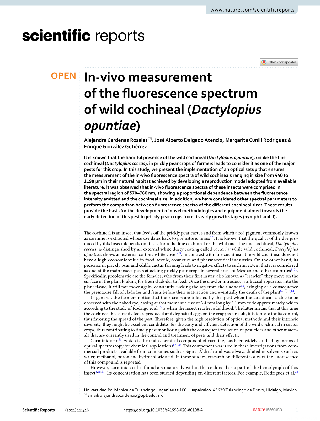 Dactylopius Opuntiae) Alejandra Cárdenas Rosales*, José Alberto Delgado Atencio, Margarita Cunill Rodríguez & Enrique González Gutiérrez