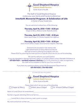 Interfaith Memorial Program: a Celebration of Life in Honor of Your Loved One