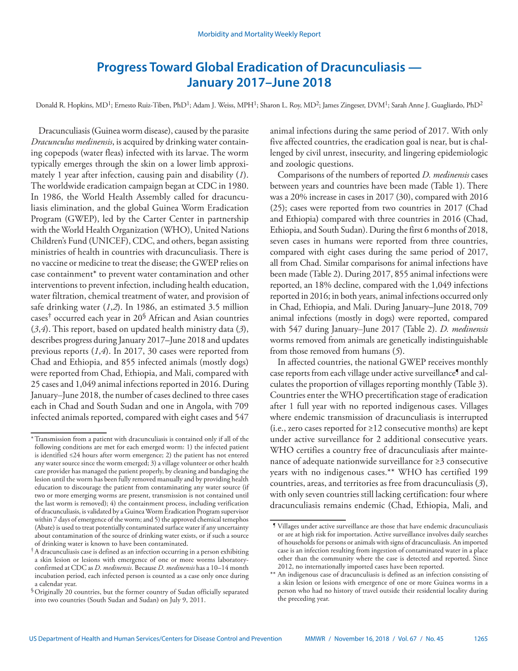 Progress Toward Global Eradication of Dracunculiasis — January 2017–June 2018