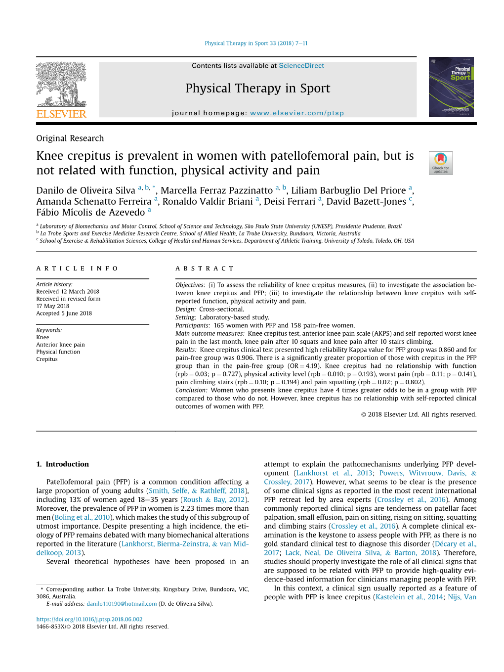 Knee Crepitus Is Prevalent in Women with Patellofemoral Pain, but Is Not Related with Function, Physical Activity and Pain