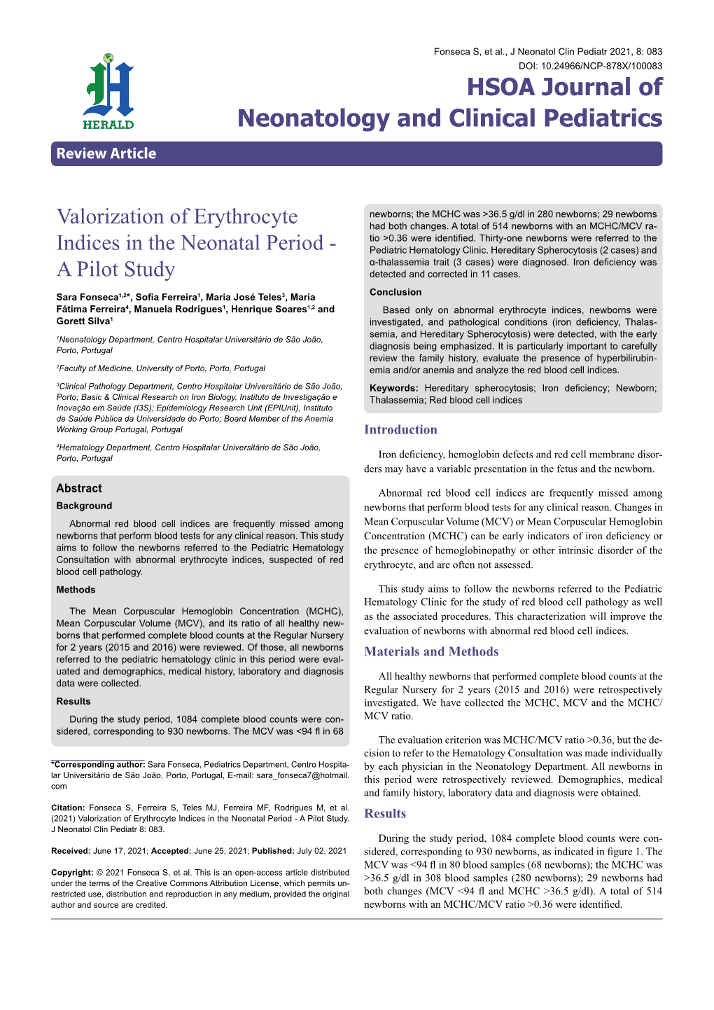 Valorization of Erythrocyte Indices in the Neonatal Period - a Pilot Study