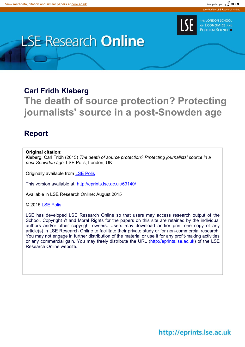 The Death of Source Protection? Protecting Journalists' Source in a Post-Snowden Age