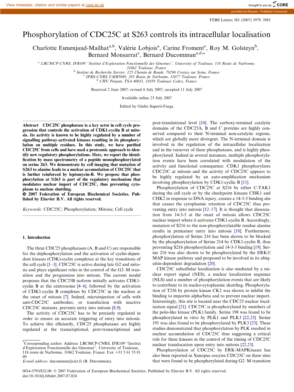 Phosphorylation of CDC25C at S263 Controls Its Intracellular Localisation