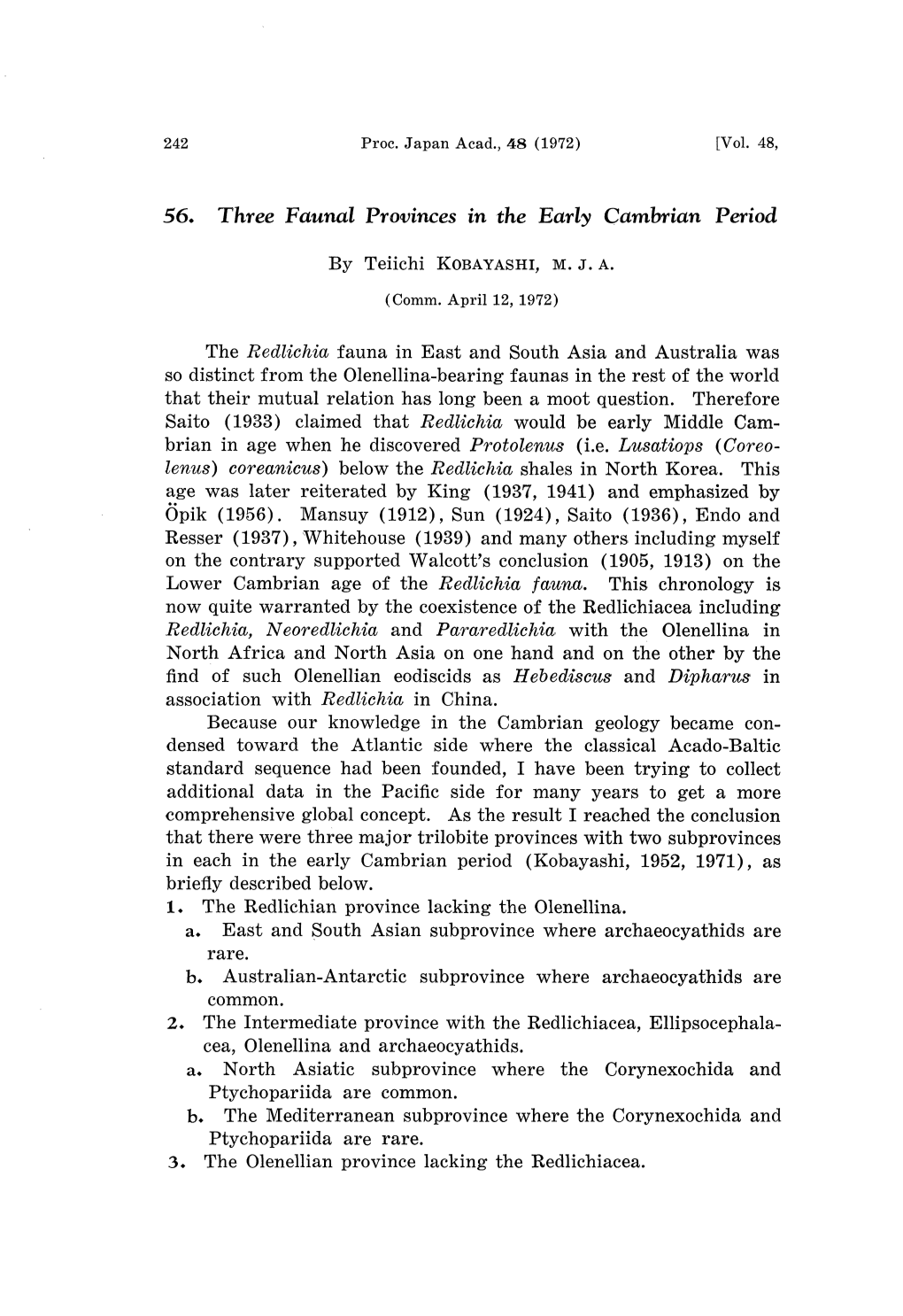 56. Three Faunal Provinces in the Early Cambrian Period By