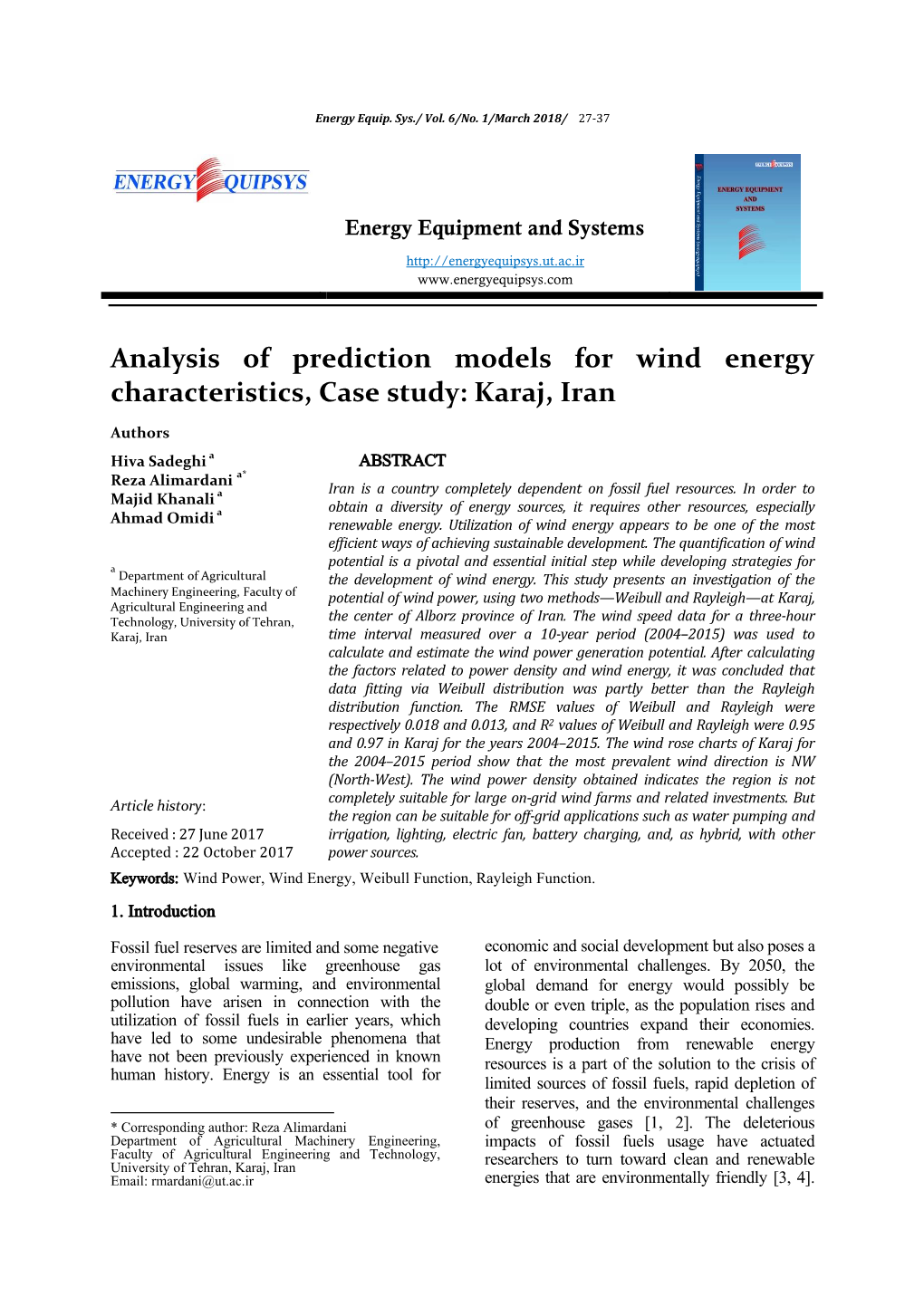 Analysis of Prediction Models for Wind Energy Characteristics, Case Study: Karaj, Iran