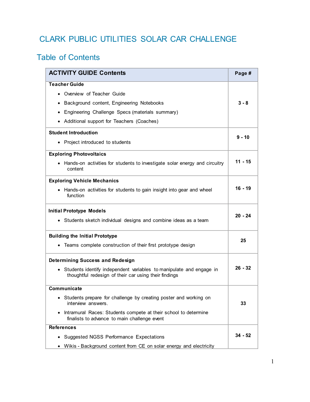 CLARK PUBLIC UTILITIES SOLAR CAR CHALLENGE Table of Contents