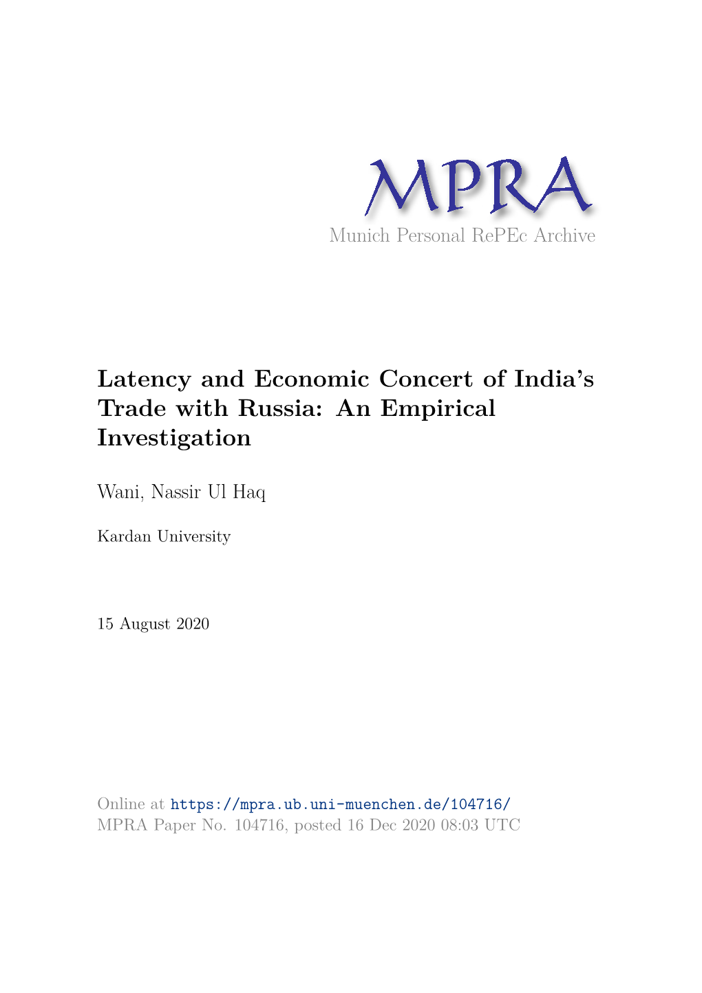 Latency and Economic Concert of India’S Trade with Russia: an Empirical Investigation