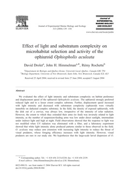 Effect of Light and Substratum Complexity on Microhabitat Selection and Activity of the Ophiuroid Ophiopholis Aculeata