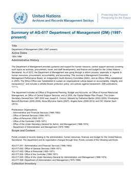 Summary of AG-017 Department of Management (DM) (1997- Present)