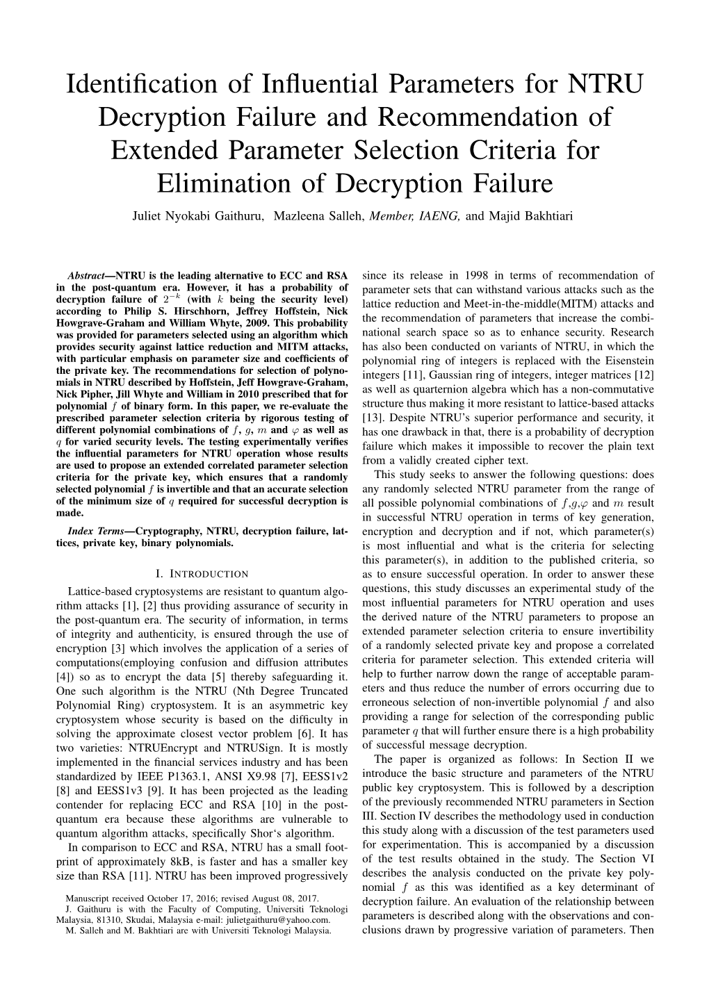 Identification of Influential Parameters for NTRU Decryption Failure And