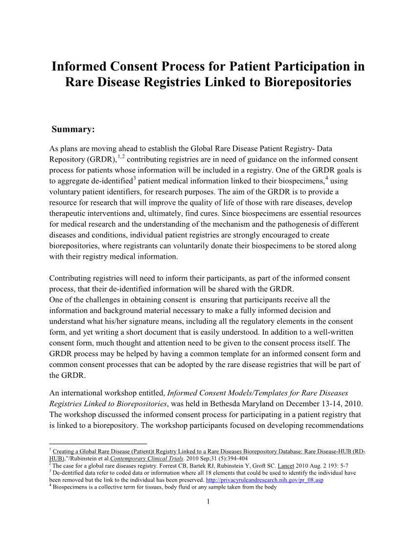 Informed Consent Process for Patient Participation in Rare Disease Registries Linked to Biorepositories
